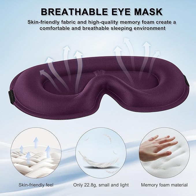 2 Pack Sleep Mask for Side Sleeper, Complete Light Blocking 3D Sleeping Eye Mask, Soft Breathable Eye Cover for Women Men, Travel, Nap, Relaxing Zero Pressure Night Blindfold (Black+Purple)