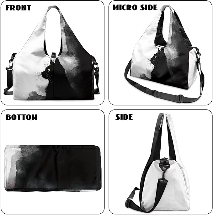 Black Cat Print Gym Bag with Shoe Compartment Large Capacity Duffle Bags Portable Lightweight Gym Bag with Wet Pocket Water Resistant Yoga Mat Holder Duffel Bags Swimming Yoga Workout