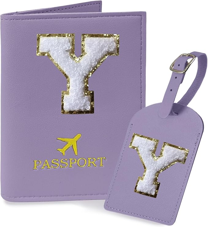 COSHAYSOO Purple Initial Passport Cover Holder and Luggage Tag Set TSA Approved with Letter Name Patch for Women Teenage, Travel Passport Book Vaccine Card Combo Bag Suitcase Identifier (Y)