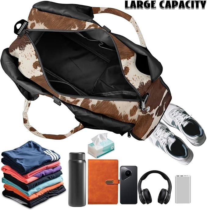 Brown Cow Print Lightweight Gym Bag for Women with Shoe Compartment Sports Carry On Weekender Duffel Bag for Sports, Overnight, Swim, Travel Duffel Bags