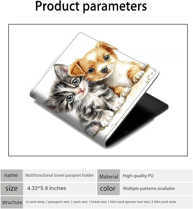 Passport Holder Wallet Cover Case,RFID Blocking Passport Cover,Large Capacity Travel Wallet with Multi Card Slots (Cute Cat and Dog Watercolor Art)