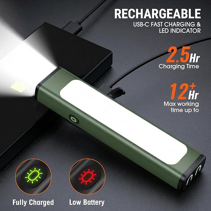 Pocket Flashlight, 1200 Lumens Rechargeable EDC Flashlight with Clip, USB-C Port, 3 Modes Waterproof Warning Light for Working, Camping, Repairing, Emergencies (Green, 1PCS)