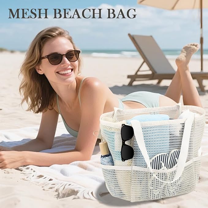 Fammart Mesh Beach Bag for Women, Summer Straw Tote Hobo Pool Bags with Zipper Pocket, Travel Vacation Cruise Essentials 2026