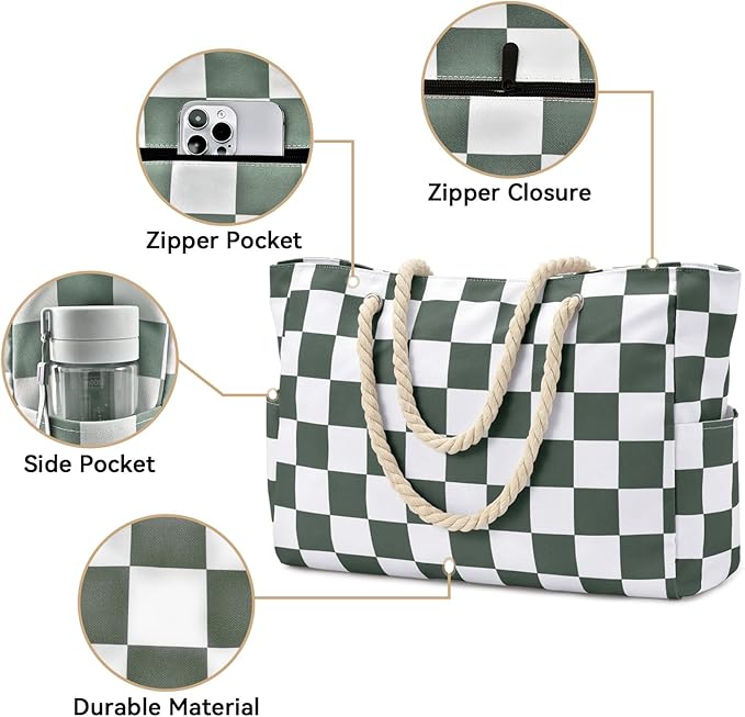 Becokan Beach Bags for Women Checkered Large Beach Tote Bag Zipper Beach Bags Waterproof Sandproof Canvas Swim Pool Bag