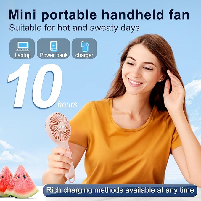 QQT Mini Handheld Fan, Small Personal Fan with 3 Speeds, Portable Battery Operated, USB Rechargeable Makeup Eyelash Dryer, Strong Airflow for Travel, Office, Outdoor, Women, Men, and Kids(Pink)