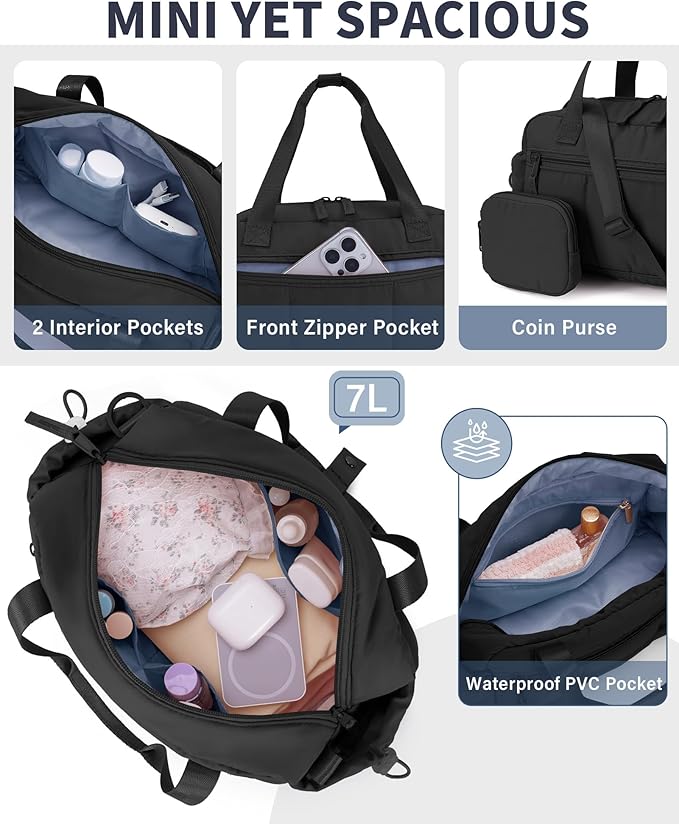 Ceneda Small Gym Bag for Women, Quilted Puffer Tote with Wet Pocket & Coin Purse, Lightweight Mini Sports Travel Duffle with Crossbody Strap, Water-Resistant for Workout, Yoga, Daily Commute