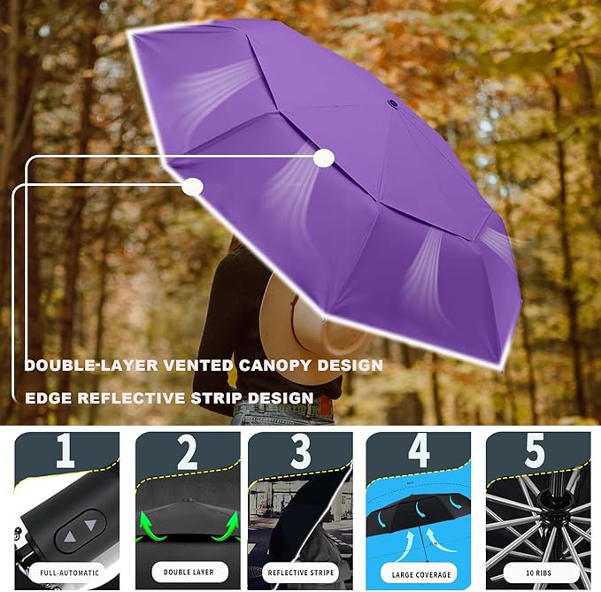 MRTLLOA 42/49 Inch Compact Travel Essentials Umbrella for Rain, Lightweight, Portable, Automatic, Strong, Waterproof Folding Umbrellas for Women, Men and Teenagers