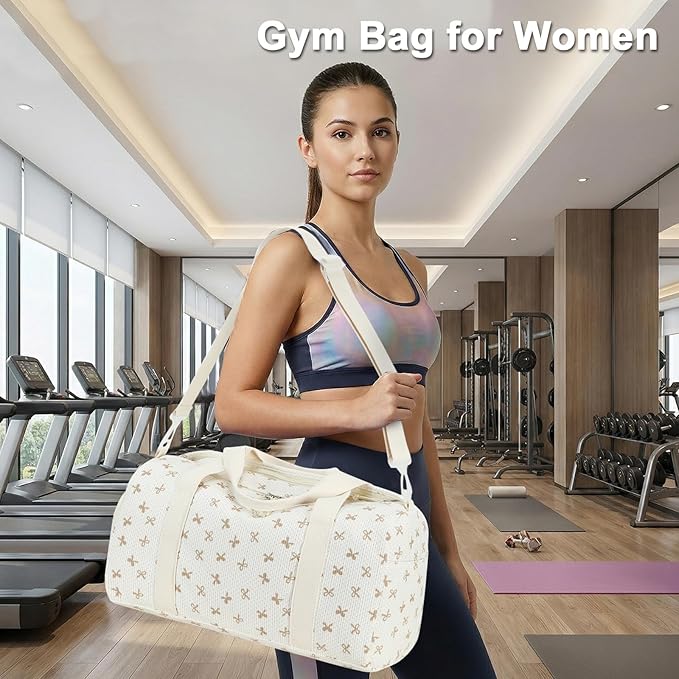 Gym Bag Sports Duffle Bag with Wet Pocket Weekender Overnight Bags with Waterproof Shoe Pouch and Air Hole for Girls Kids Women Workout Travel Bags (Brown Bow - Beige)