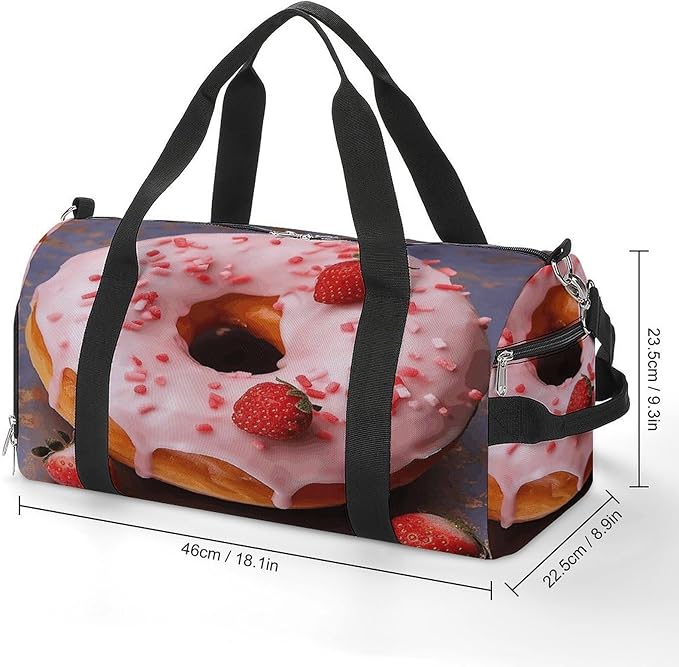 Strawberry Donut Gym Bag Lightweight ，Travel Duffle Bag with Shoe Compartment，Gym Bag for Women for Overnight, Weekend, Yoga, Gym, Business Trips, Sport And Hospital.