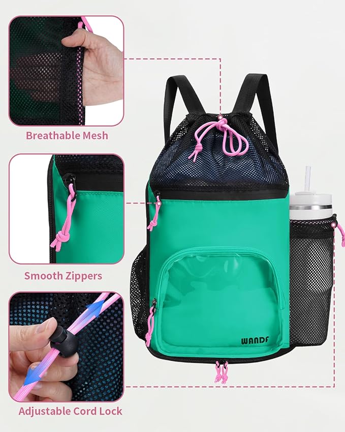 WANDF Swim Bag with Wet Pockets, Sandproof Beach Backpack with 40oz Tumbler Side Pockets, Mesh Drawstring Backpack Swim Bag for Swimming, Pool, Gym and Workout Gear (Green)