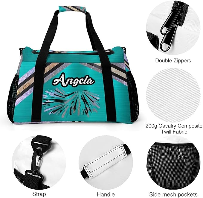 Cheer Teal Blue Cheerleading Pom Luggage Bag Waterproof Duffel Bag Adjustable Shoulder Strap Perform Training Travel Bag for Teens Adults Backpack