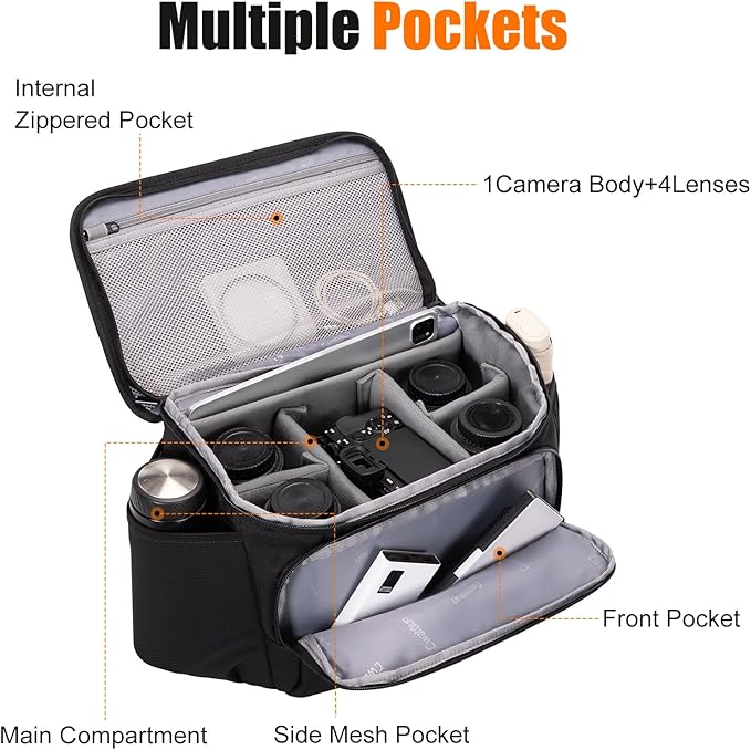 Cwatcun Camera Crossbody Shoulder Messenger Case, DSLR/SLR/Mirrorless Travel Photography Sling Bag with Tripod Holder and Rain Cover for Canon, Nikon, Sony, Fuji Cameras, Lens and Accessories