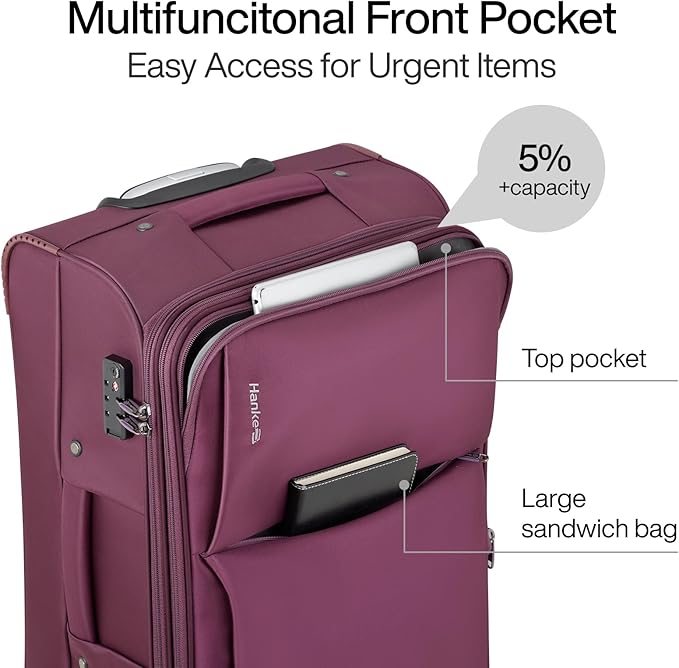 Hanke Softside Expandable 20 Inch Carry On Luggage with Wheels Airline Approved, TSA Luggage Lightweight Rolling Suitcases for Travel Carry On Bag(Purple)