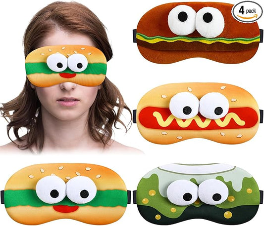 4 Pcs Funny Food Eye Mask Cute Fast Food Sleeping Mask 3D Plush Eye Masks Hamburger Hot Dog Milk Tea Fluffy Eyeshade with 3D Doll Eyes for Women Men Travel Nap Night Sleep