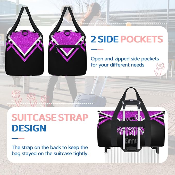 Personalized Dance Gym Bag, Custom Cheer Sport Duffel Large Compartment Cheerleaders Dance Weekender Bags Travel Tote, Bright Purple Glitters Black