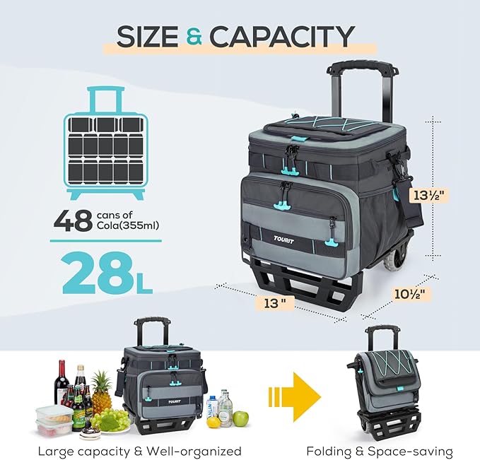 TOURIT 48 Can Collapsible Cooler with Wheels, Insulated Rolling Cooler with All-Terrain Cart, Waterproof Soft Sided Cooler Bag for Beach, Picnic, Camping, Shopping, Travel