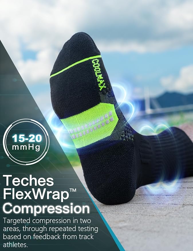 Compression Running Socks, Bamboo Viscose Coolmax Moisture-Wicking Anti-Blister Athletic Hiking Workout Gym Padded