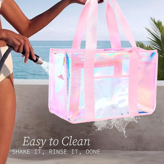 Iridescent Clear Beach Bag for Women, Large Pool Tote Cruise Vacation Essentials - Waterproof, Zipper Closure