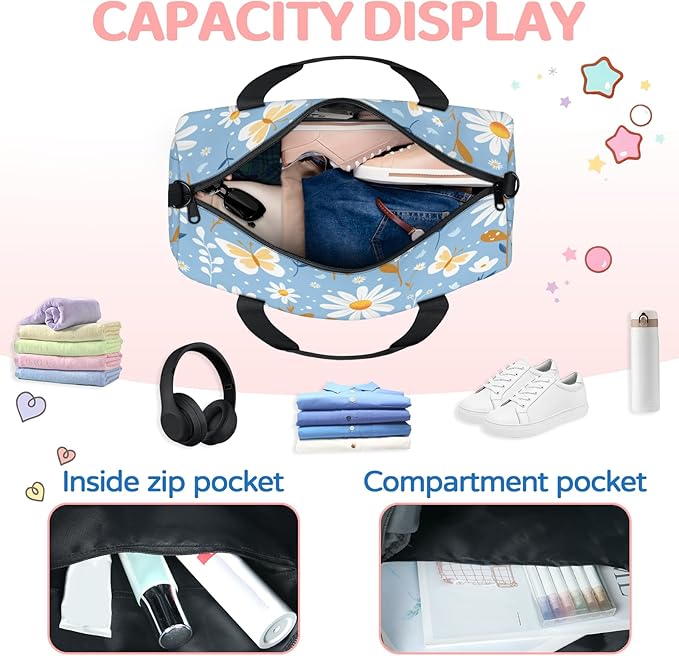 Daisy Travel Duffle Bag for Women Men, Overnight Weekender Bag, Carry on Tote for Sport Gym