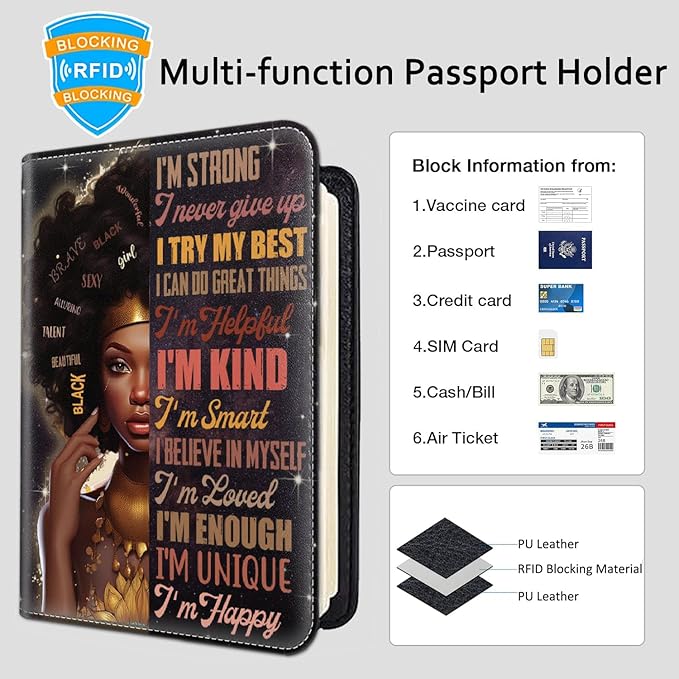 Passport Holder Women Wallet with Luggage Tag, Leather Passport Cover with RFID Blocking, Travel Accessories Multi Card Slot Passport Case for Men，African Girls Inspirational Quotes