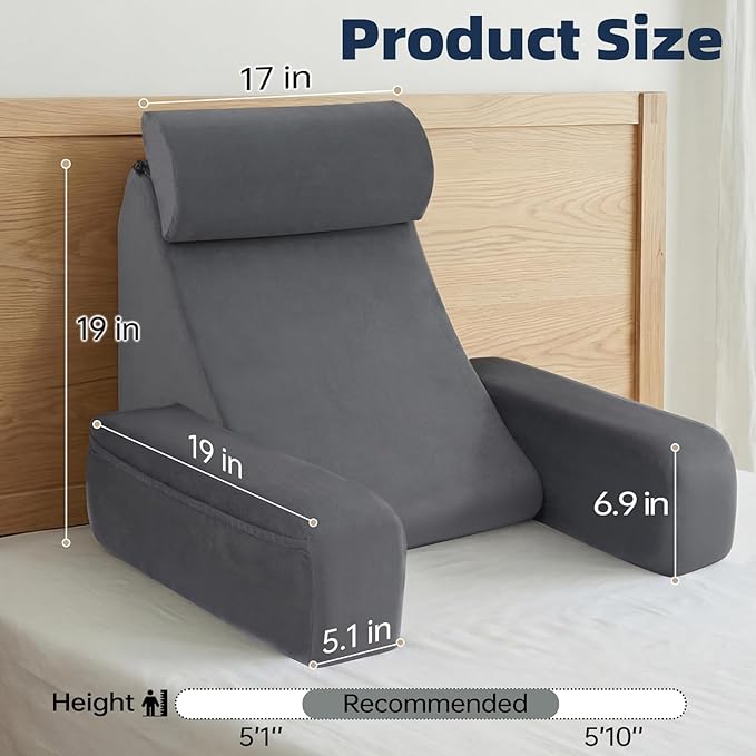 ENITYA 19" Back Support Pillow,Reading Pillow with Attached Arms & Large Pockets, Removable Washable Cover, Wedge for Sitting,Reclining,Watching TV,Post Surgery in Bed,Couch or Floor,Medium Firm,Grey