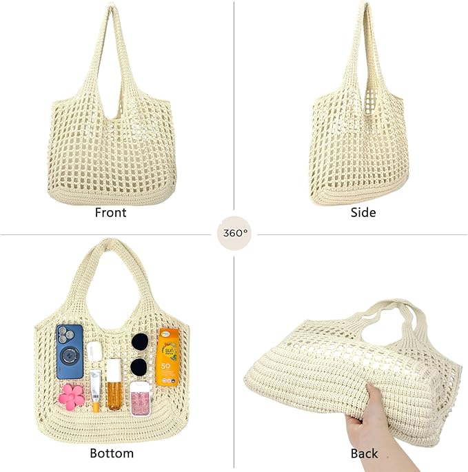 ENBEI Women Foldable Beach Tote, Washable Lightweight Beach Bag, Eco-Friendly Knit Shoulder Purse for Travel/Shopping/Gifts