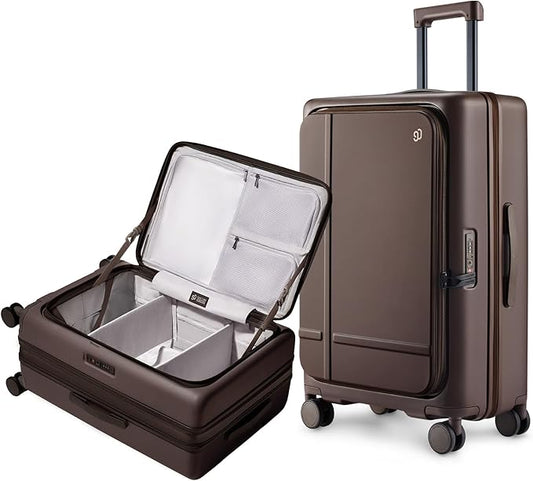 NINETYGO Medium Checked Luggage 25 Inch, Flat Top Opening Check In Luggage with Cup Holder, Expandable, Coffee-Infused PC Hard Shell, Eco-Friendly, TSA Lock, 360° Spinner Wheels (Americano)
