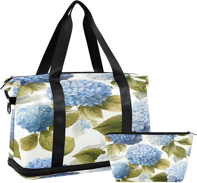 Travel Duffel Bags for Women Watercolor Blue Hydrangea Floral Sports Duffel Bags Gym Bags with Shoes Compartment Tote Bag Weekender Bag for Travelling