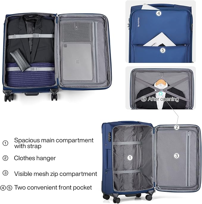 Hanke Softside Expandable 20 Inch Carry On Luggage with Wheels Airline Approved, TSA Luggage Lightweight Rolling Suitcases for Travel Carry On Bag(Blue)