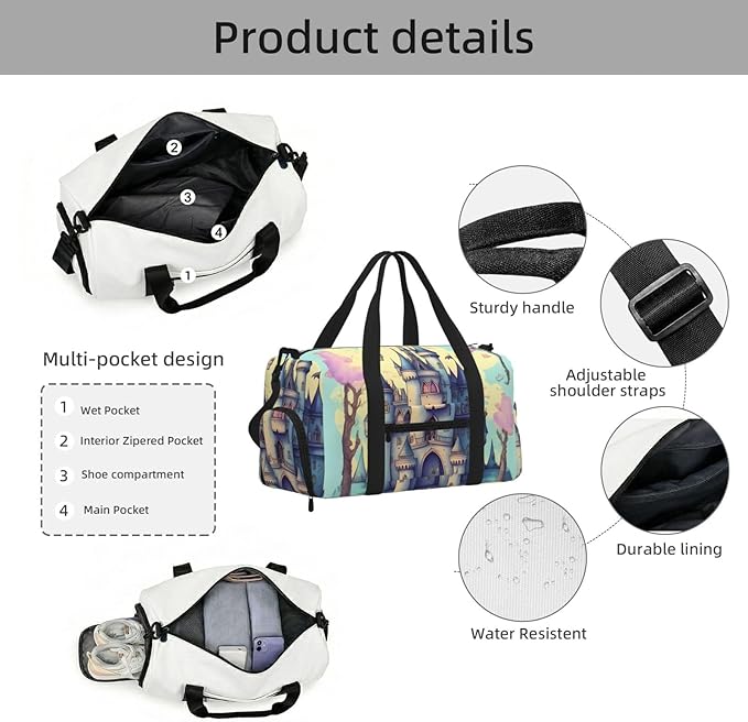 Fairytale Castle Print Gym Bag with Shoe Compartment for Women Men, 17.7in Sports Duffle Weekender Tote, Overnight Travel Duffel Bag Carry On