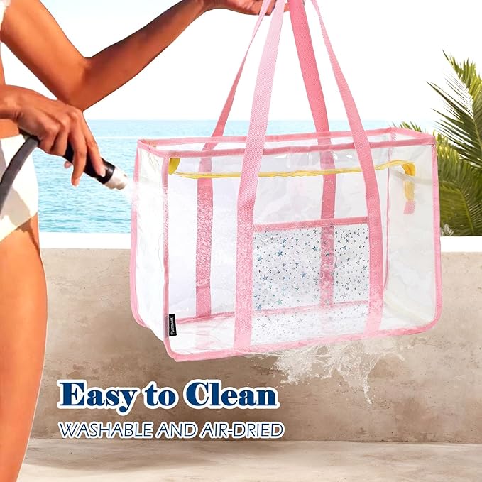 Clear Beach Bag for Women, Large Pool Tote Cruise Vacation Essentials - Zipper Closure, Waterproof, Sandproof