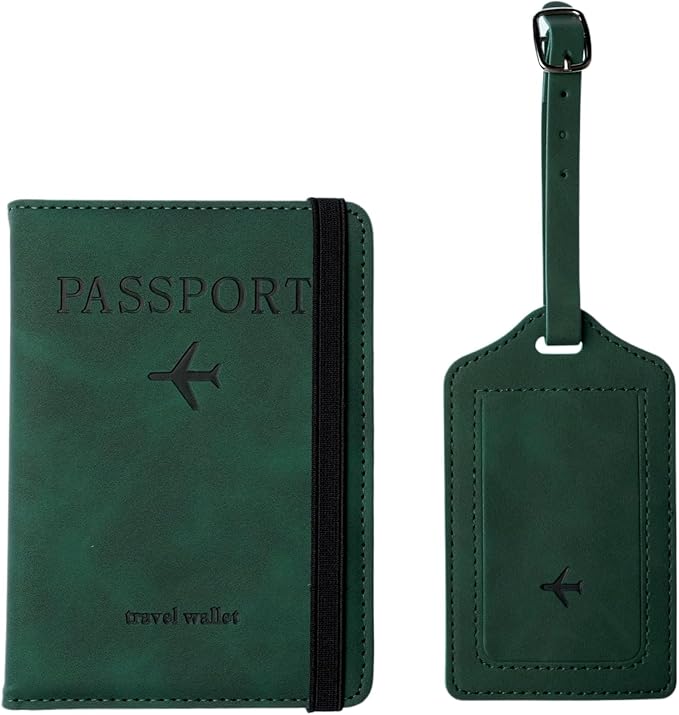 Luggage Tag and Passport Holder Set,Passport Cover with Card Slot and Boarding Pass Slot Combo,Passport Travel Must Have, Waterproof and Scratch Resistant Travel Accessories（Green）