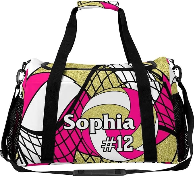 Custom Volleyball Rose Red Gold Duffel Bag with Name Personalized Travel Bags Sport Gym Bag Carry On Weekender Bags for Men Women