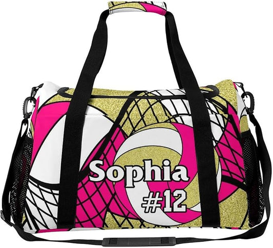 Custom Volleyball Rose Red Gold Duffel Bag with Name Personalized Travel Bags Sport Gym Bag Carry On Weekender Bags for Men Women