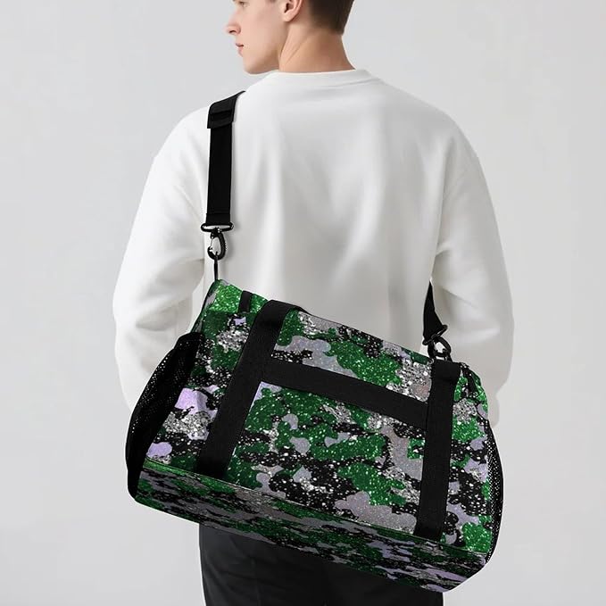 Custom Multifunctional Duffel Bag with Name Gym Bags Adjustable Shoulder Strap Travel Bag for Teens Green Black Camo Bling Print Casual Bag