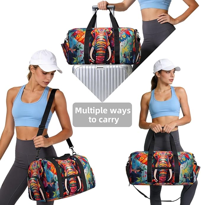 Sports Gym Bag Oil Painting Art Elephant Print Travel Duffel Bag With Shoe Compartment Shoulder Strap, Lightweight Water-Resistant Weekend Overnight Totes For Women Men