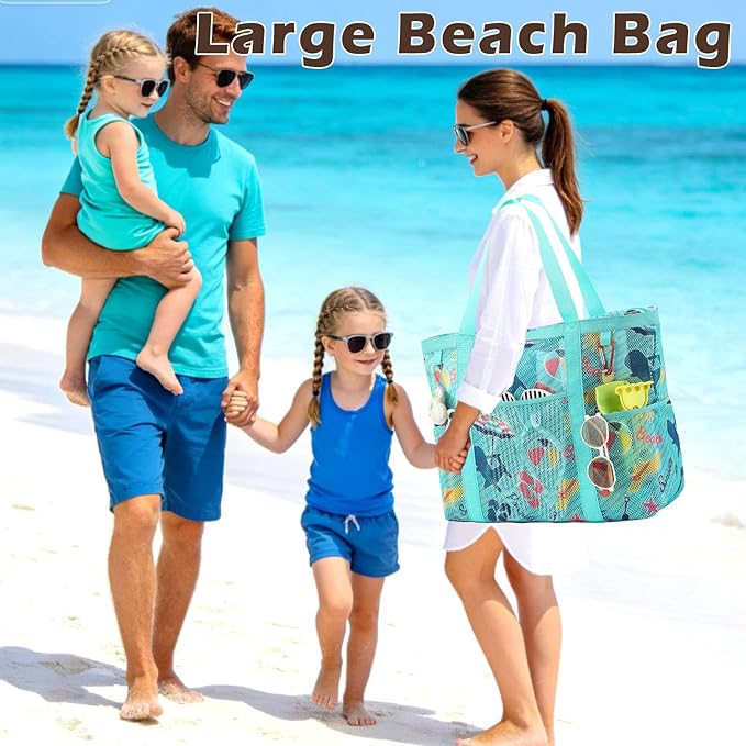 Mesh Beach Bag with Zipper, Large Beach Tote for Women, Toys Pool Swim Bag Travel Vacation Cruise Essentials