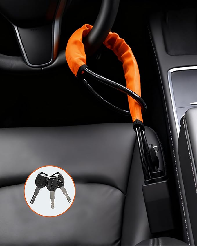 Car Steering Wheel Lock,Theft Prevention Device Seat Belt Lock Quick Install,3 Keys Included (Orange)