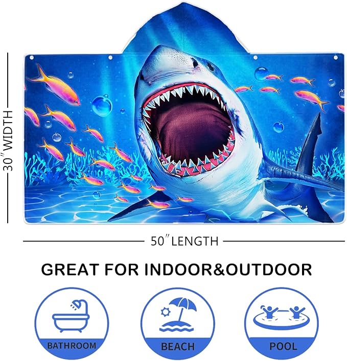Bonsai Tree Shark Beach Towel, Shark Towel for Kids with Hood, Ocean Fishes Hooded Towel for Boys 30" x 50", Funny Sea Animals Microfiber Absorbent Soft Bath Towel Poncho Bathrobe for Swin Pool