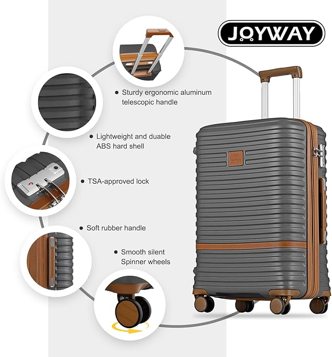 Joyway Carry On Luggage 20 Inch Expandable Suitcase with Spinner Wheel, 4 Piece Hard Shell Luggage Set with TSA Lock(Grey brown)