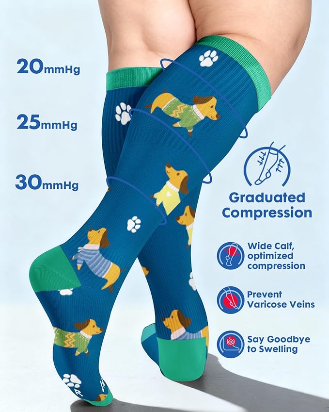 Wide Calf Compression Socks for Women - 3-Pair Plus Size 20-30mmHg Ankle Support Easy on off Socks for Travel Nurse