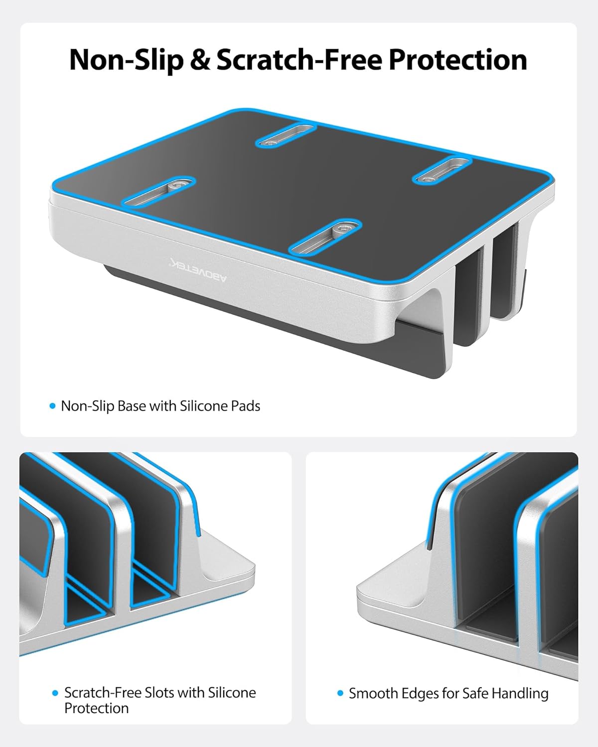 AboveTEK Vertical Laptop Stand, 3 Slots Aluminum Desk Laptop Holder & Laptop Docking Station Stand for MacBook, Tablet, Phone - Universal Fit (Up to 17.3") - Heavy Duty Polished, Anti Slide - Silver