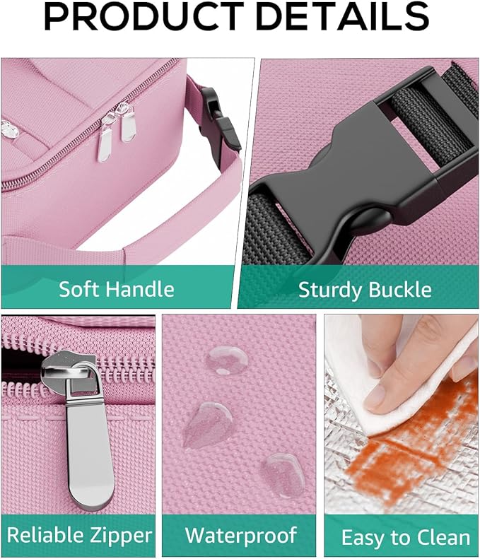 HowFly Small Lunch Bag - Insulated Lunch Box Bag for Women Men - Portable Thermal Reusable Meal Cooler Bags with Buckle Handle for Work School - Pink