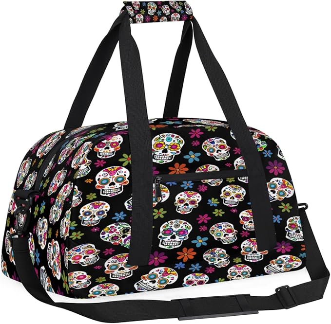 Travel Duffle Bag, Colorful Sugar Skull Pattern Waterproof Weekender Overnight Bags for Women Men Lightweight Carry on Duffle Gym Bag for Travel, Sports, Fitness, Workout