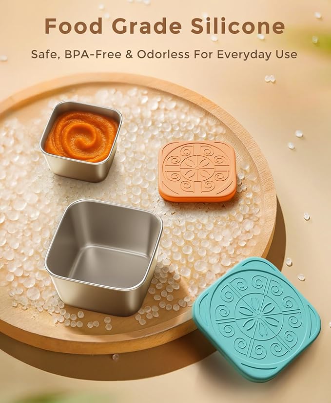 3 Pack 6oz Stainless Steel Snack Containers and 3 Pack 2oz Salad Dressing To Go Containers with Silicone Lids, Reusable Square Meal Prep Condiment Sauce Containers Lunch Box Accessories
