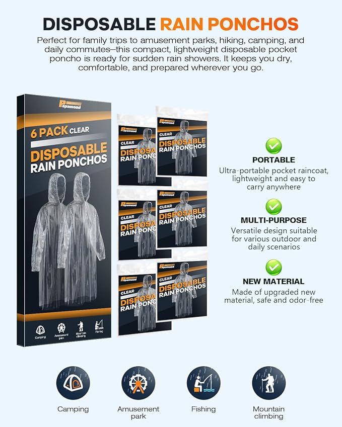 Disposable Rain Ponchos, 6 Pack Family Pack for Adults, 1MIL Thick Clear Emergency Raincoat with Drawstring Hood and Elastic Cuffs, Waterproof Rain Gear for Theme Parks Travel, and Camping
