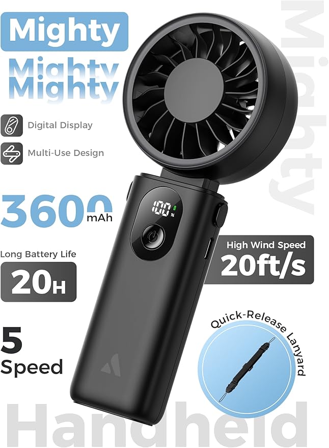 Aecooly Mighty Portable Handheld Fan | 20H Max Cooling Time | 3 Flexible Modes | 5 Speeds Wind | Battery Level Display | USB Rechargeable Mini Personal Battery Powered, Gifts for Women, Travel -Black