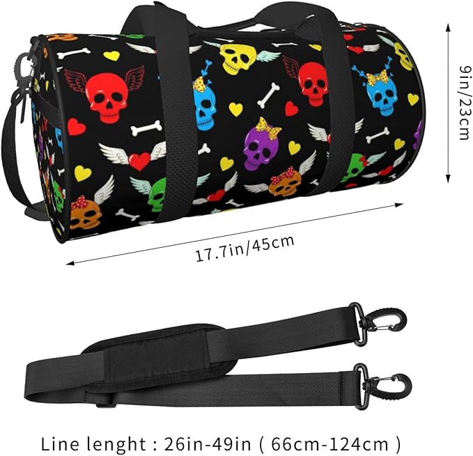 Duffle Bag Lightweight Unisex Carry On Small Gym Bag Sports & Travel Duffel Bags Colorful Funny Cartoon Skulls Love Hearts for Men and Women