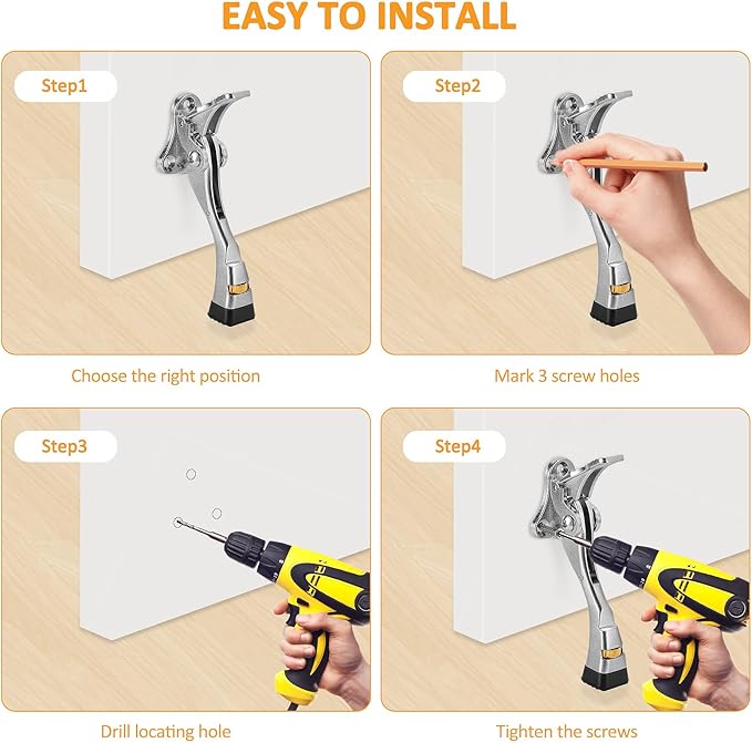 GoldPig Door Stoppers, 4 Packs Kickdown Door Stop with One-Touch semi-Automatic Satin Nickel Door Stopper Adjustable Height and Rubber Tip 4 Inches, Heavy Duty Door Stops, Door Holder(Nickel)