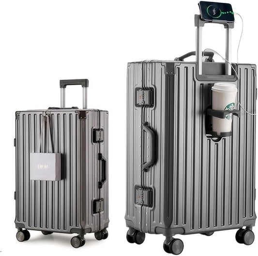 HotWay PC Hard Shell Checked Suitcase with Aluminum Frame, Luggage with Cup Holder and USB Port, Zipperless Luggage for Business Travel (Grey, Checked In 24Inch)